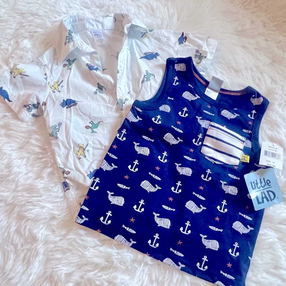 2T Set Boys Summer Shirts Tank & Button Down Short Sleeve Dinosaur and Marine